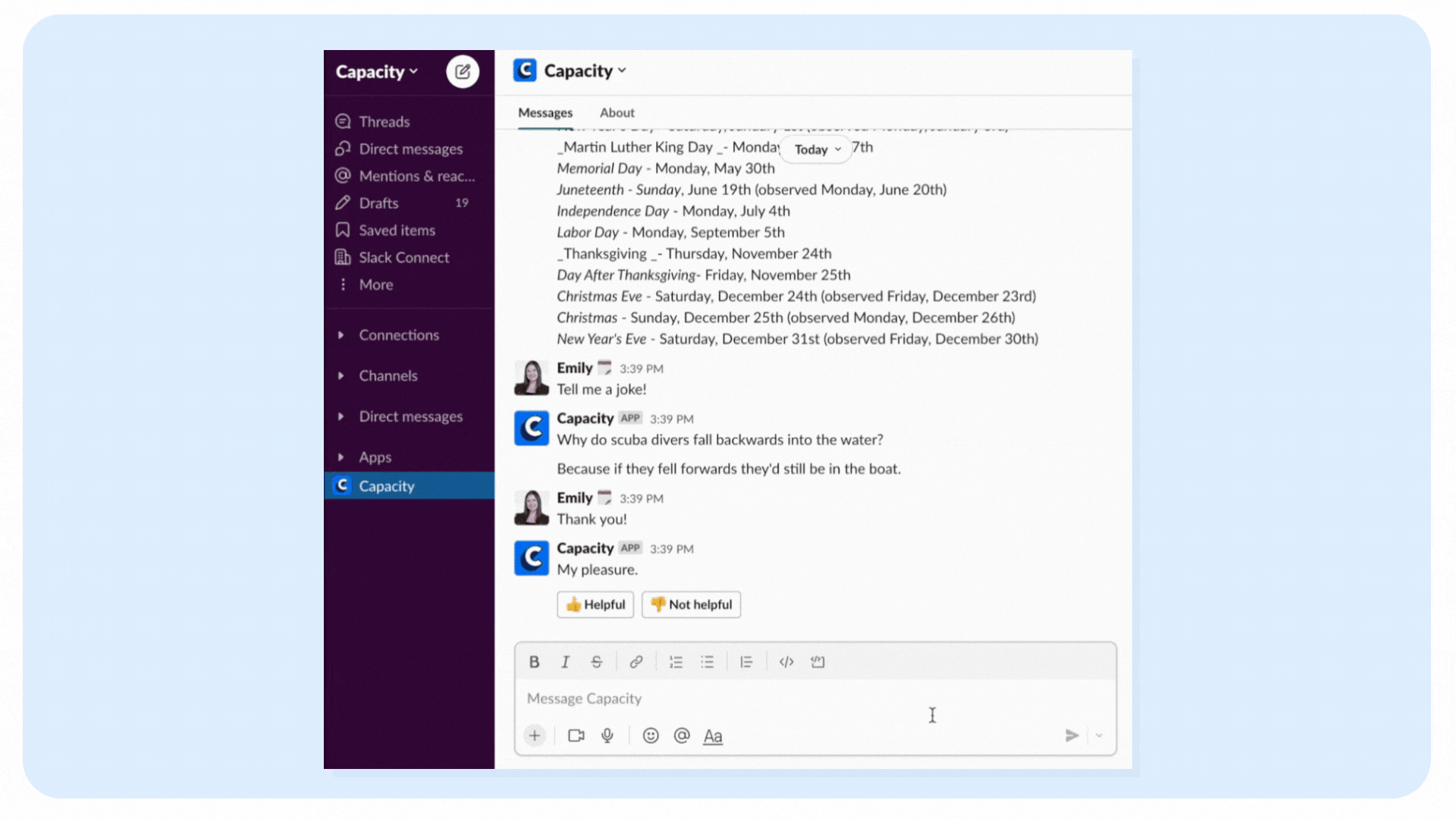 Slack conversation showing how you can use Capacity.