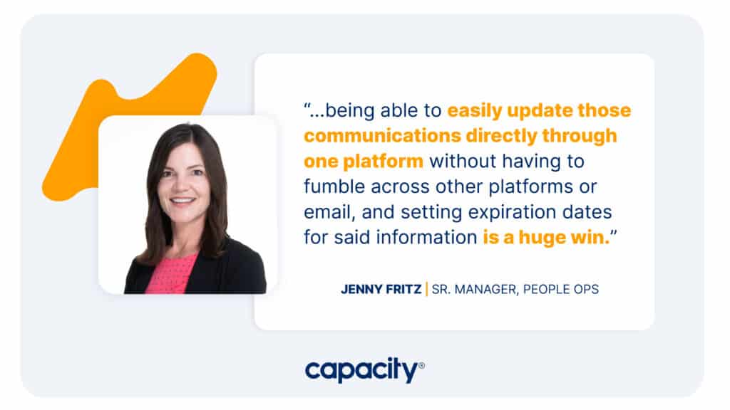 Quote image from Jenny Fritz, Senior Manager of People Ops at Capacity.
