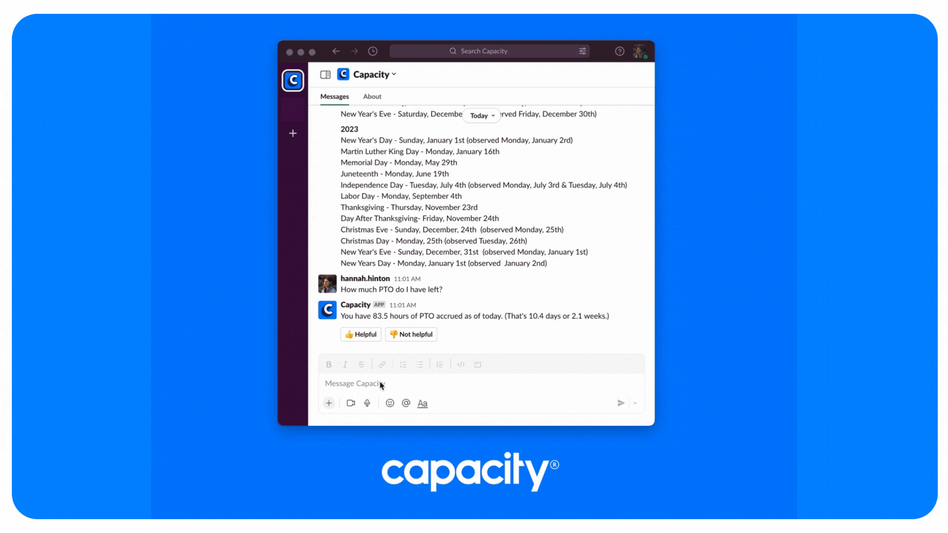Gif showing task automation in action with Capacity on Slack. User asks Capacity for the company org chart.  