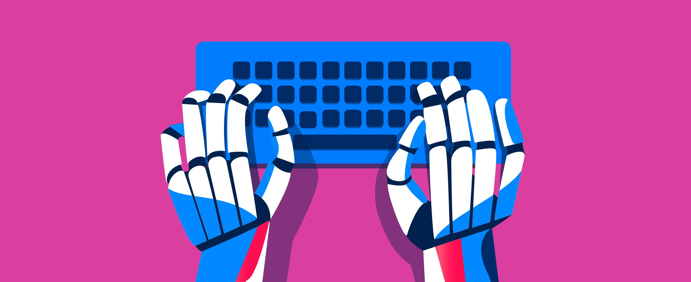 An illustration of a robot typing on a keyboard to represent chatbots