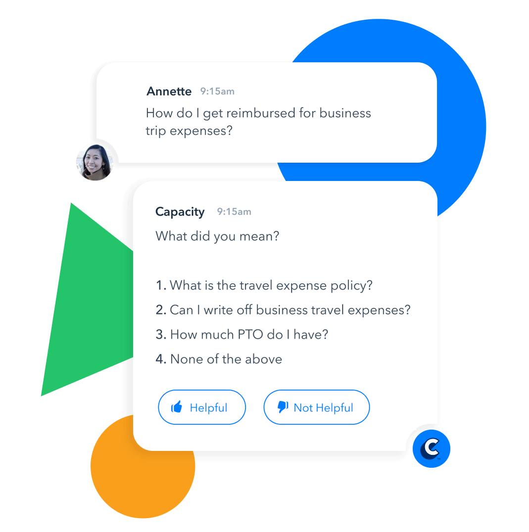 Abstract image of the Capacity chatbot answering an employee's question about getting reimbursed for a business trip expense.