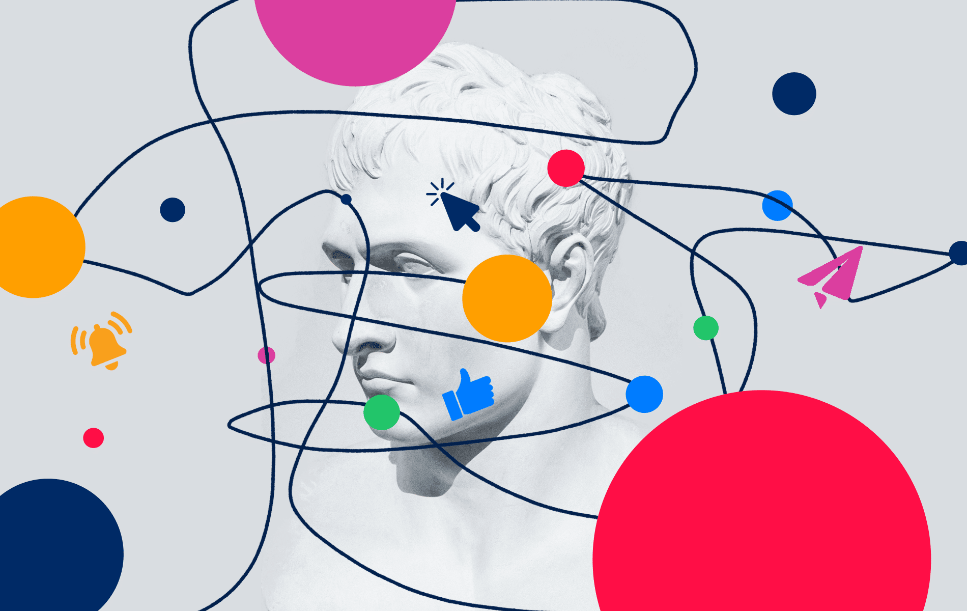 Abstract image of shapes and icons floating around a head depicting fractured attention