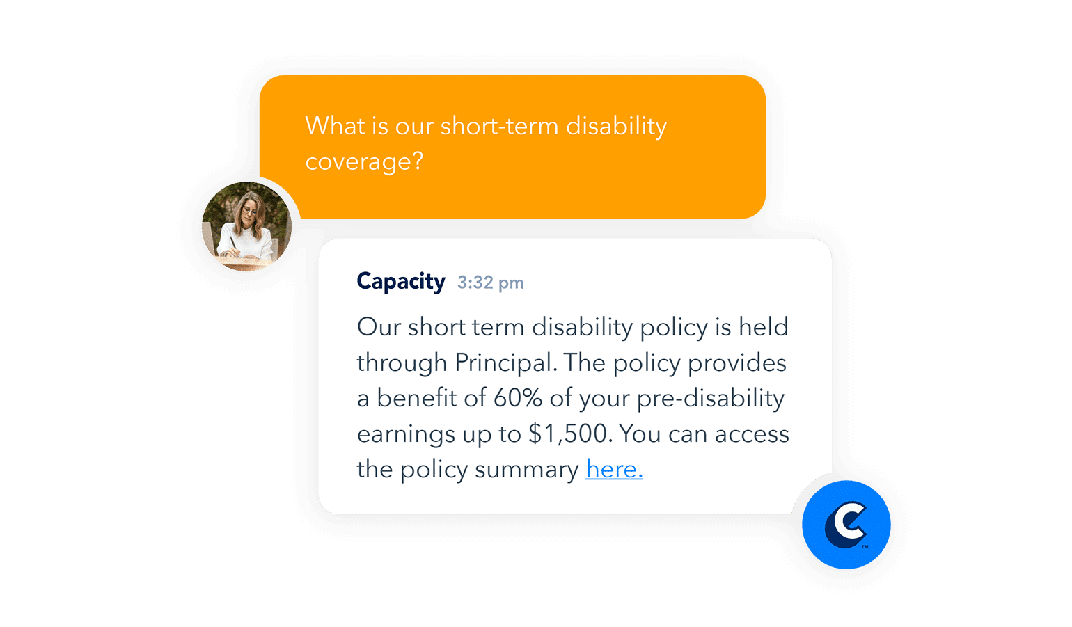 A conversation between Capacity and an employee asking about short-term disability coverage