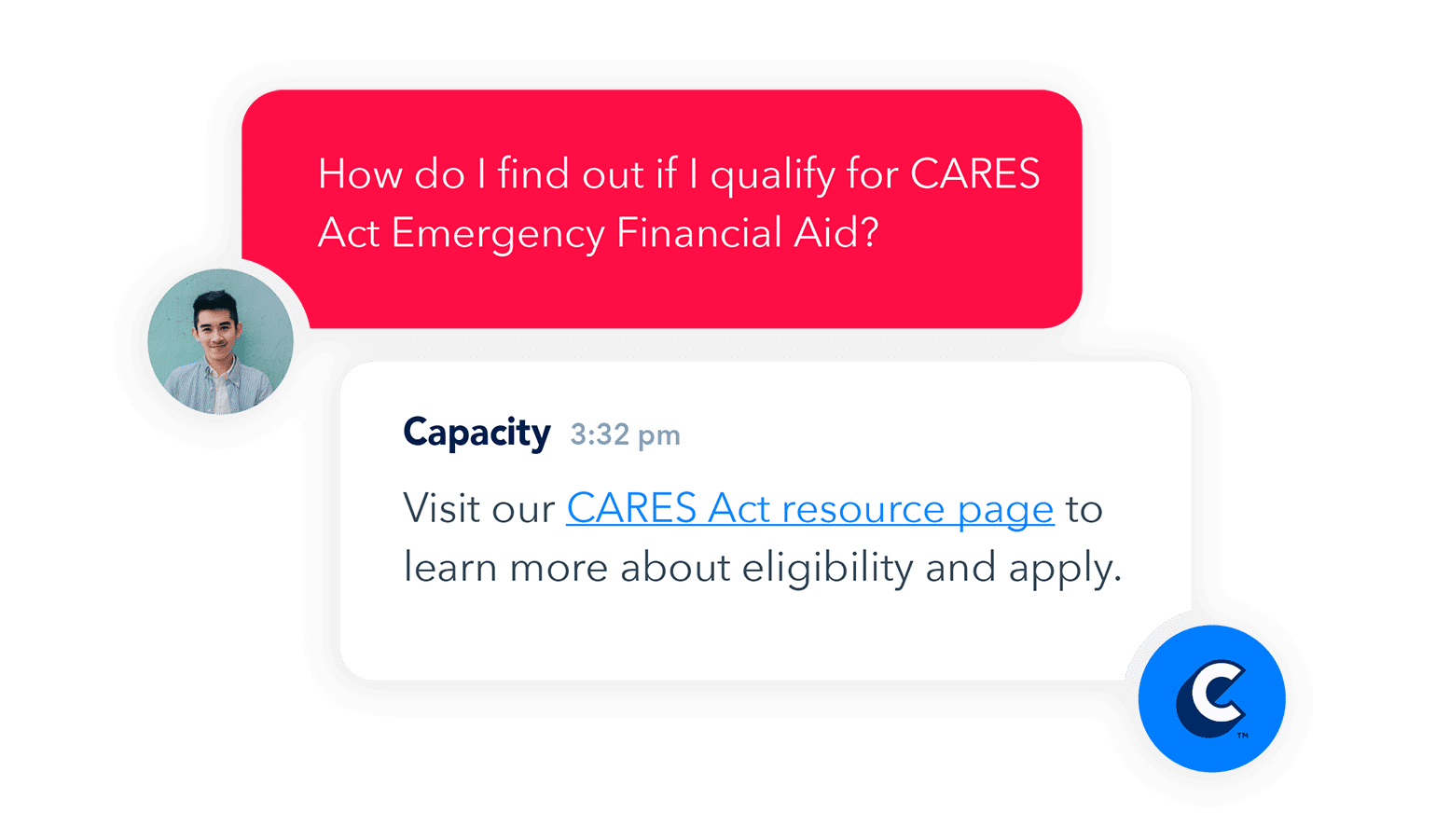 a chat exchange between a student and the capacity bot regarding qualifying for CARES act financial aid