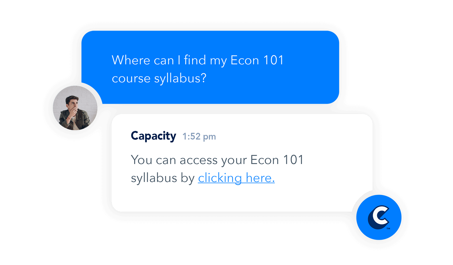 A student chats with Capacity asking for their syllabus and Capacity answers with a link to the syllabus