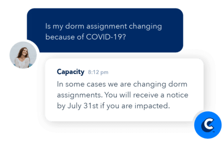 Chat conversation between student and Capacity regarding dorm assignments