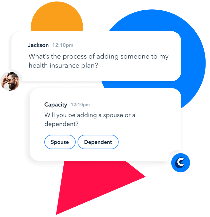 Abstract product shot of the capacity chatbot answering a question from an employee about adding someone to their health insurance plan.