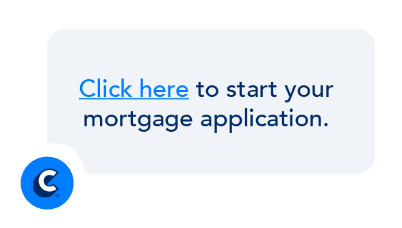Chat bubble from a lead generation chatbot that says "Click here to start your mortgage application"