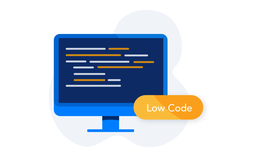 Illustration of a button that reads "low code" hovering over a computer with lines of code on the screen