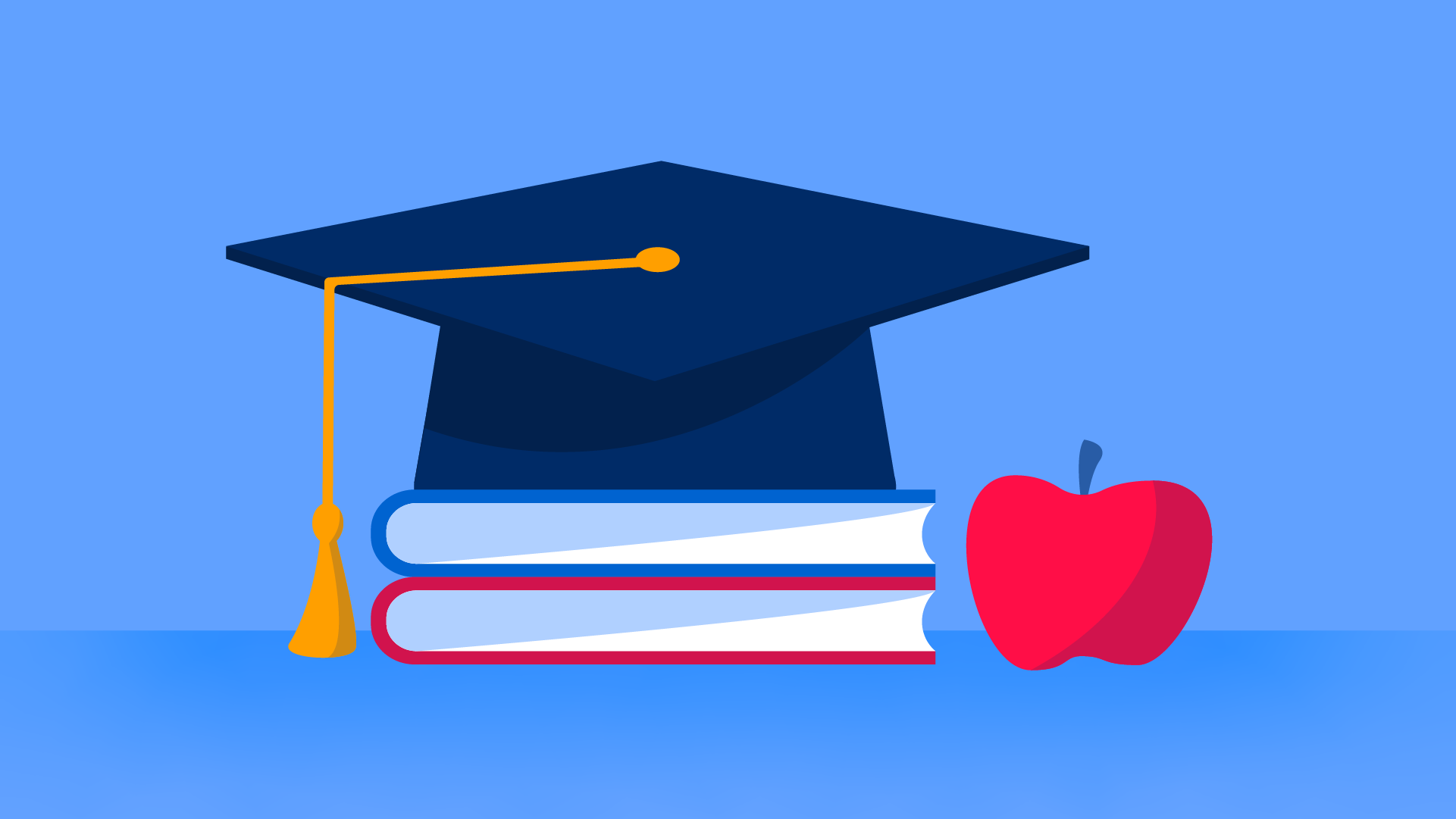 graduation cap sitting on stack of books next to an apple