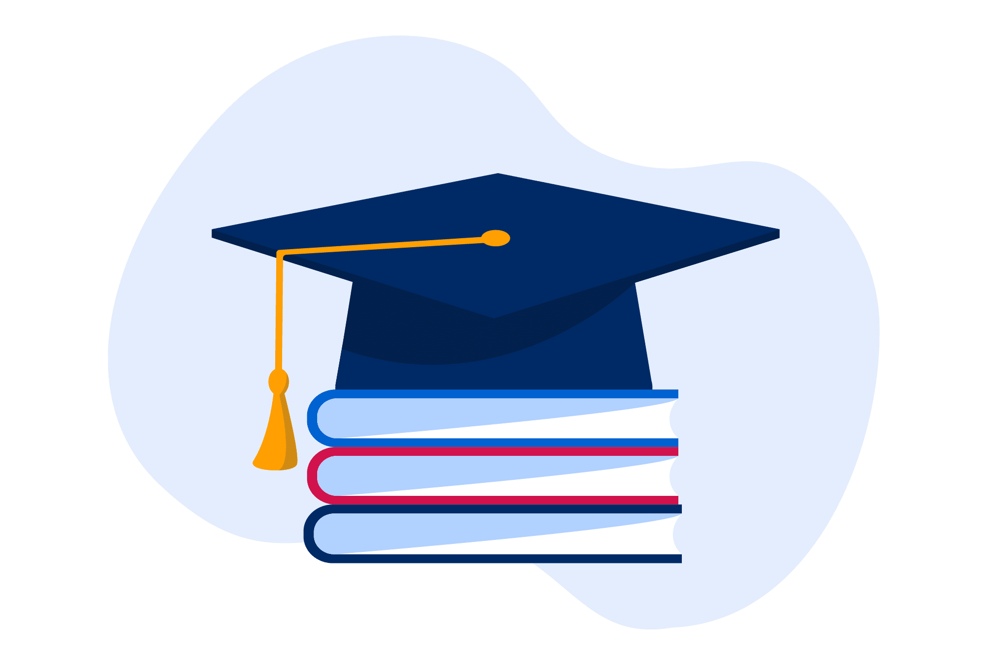 Illustration of a graduation cap on top of a stack of books