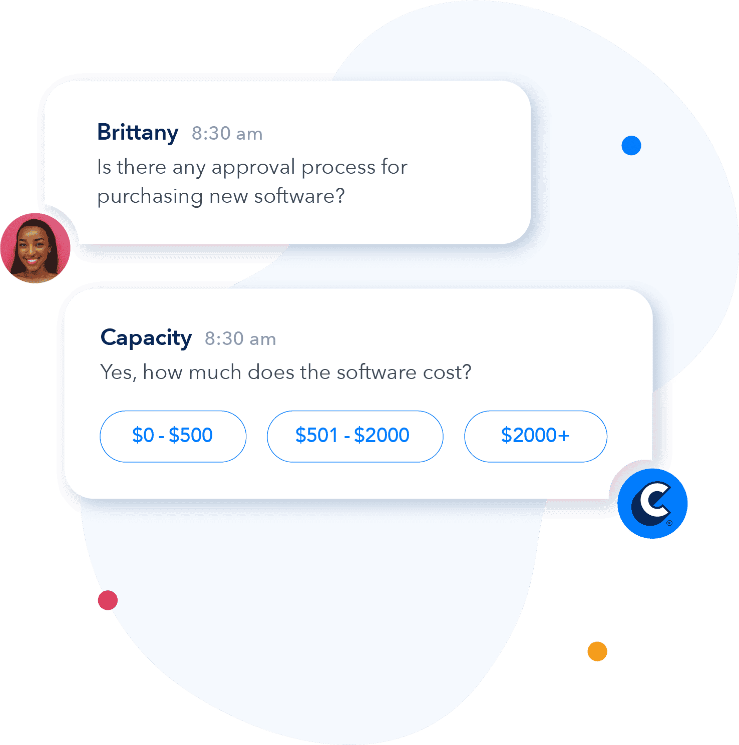 illustration of capacity offering a user the choice of "yes" or "no" to the question "would you recommend this product to a friend" as well as a response from capacity saying "great, how would you rate your overall experience with us today" and then four stars out of five selected