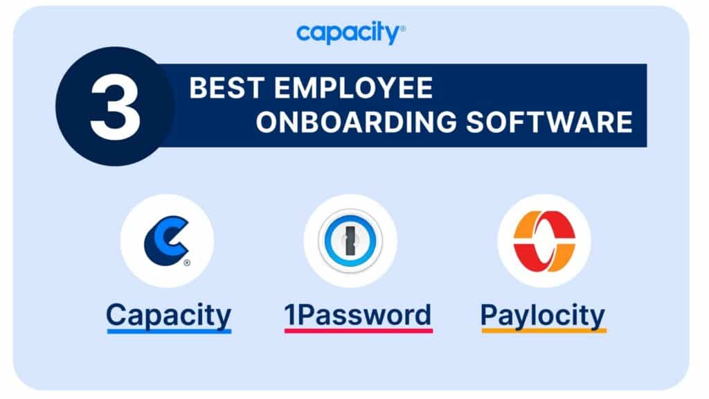 The top 3 software that automate onboarding: 1)Capacity 2)1Password 3)Paylocity