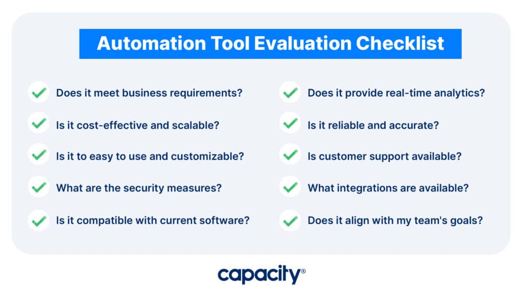 Image showing questions to ask when evaluating automation tools.