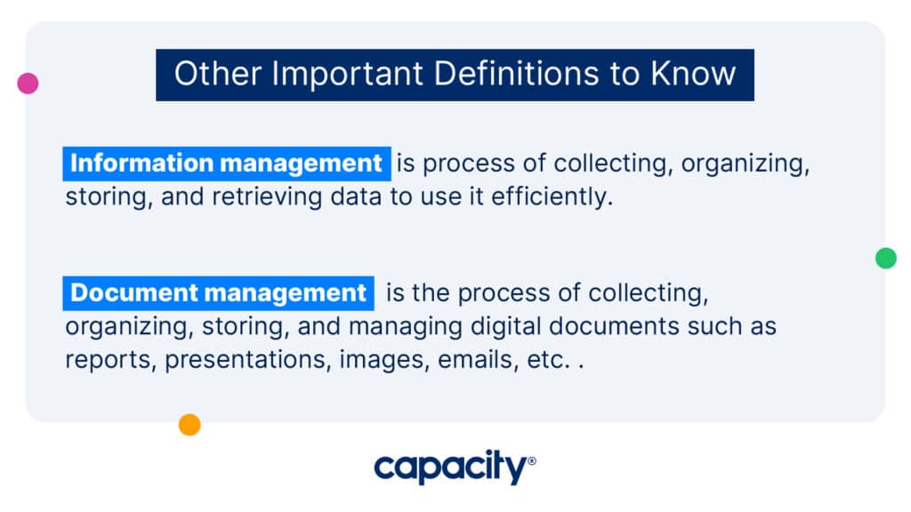 Image explaining the definitions of information management and document management.
