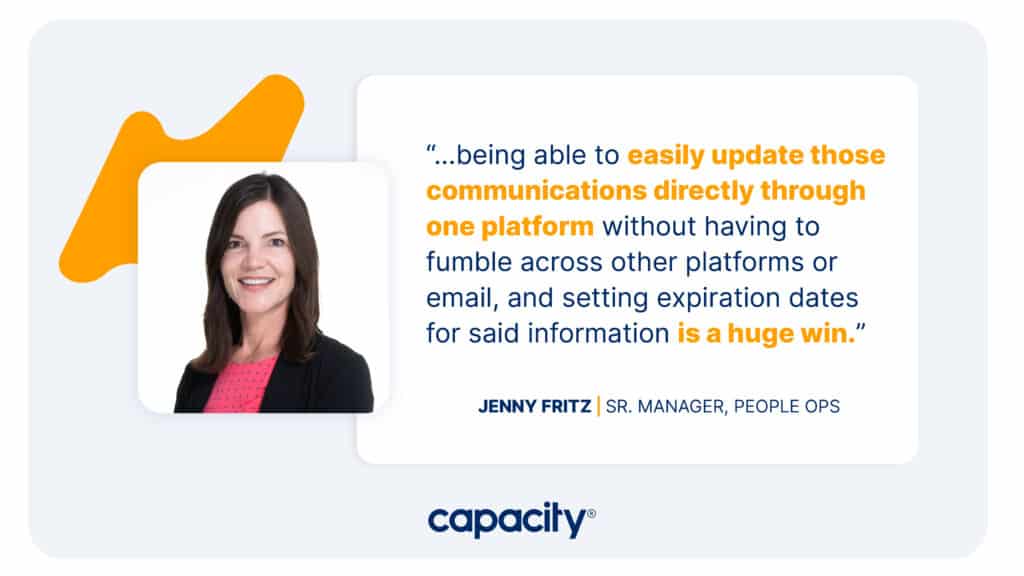 Image showing a quote from Jenny Fritz, Senior Manager of People Ops at Capacity.