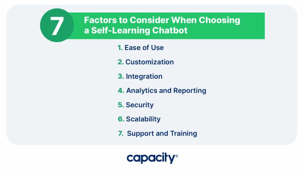 Image showing the factors to consider when choosing a self-learning chatbot.