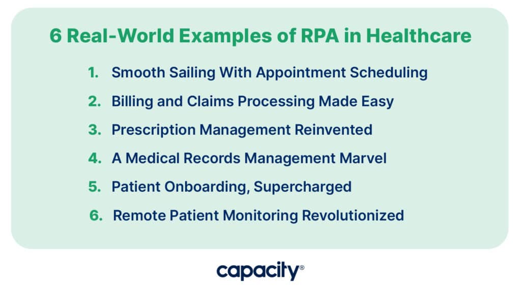 Image listing examples of robotic process automation healthcare.