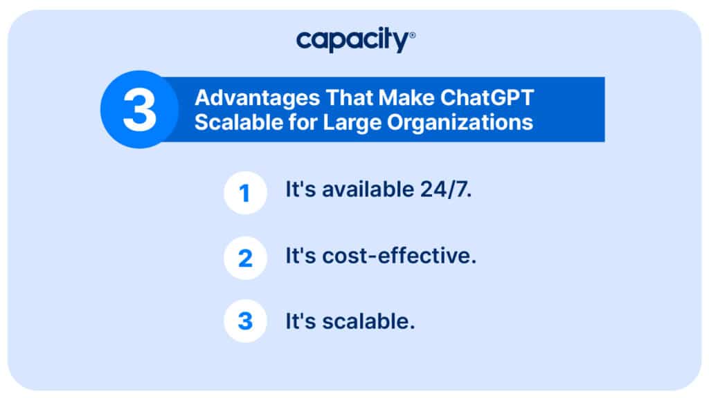 Image listing 3 advantages of how scalable ChatGPT is for large organizations.