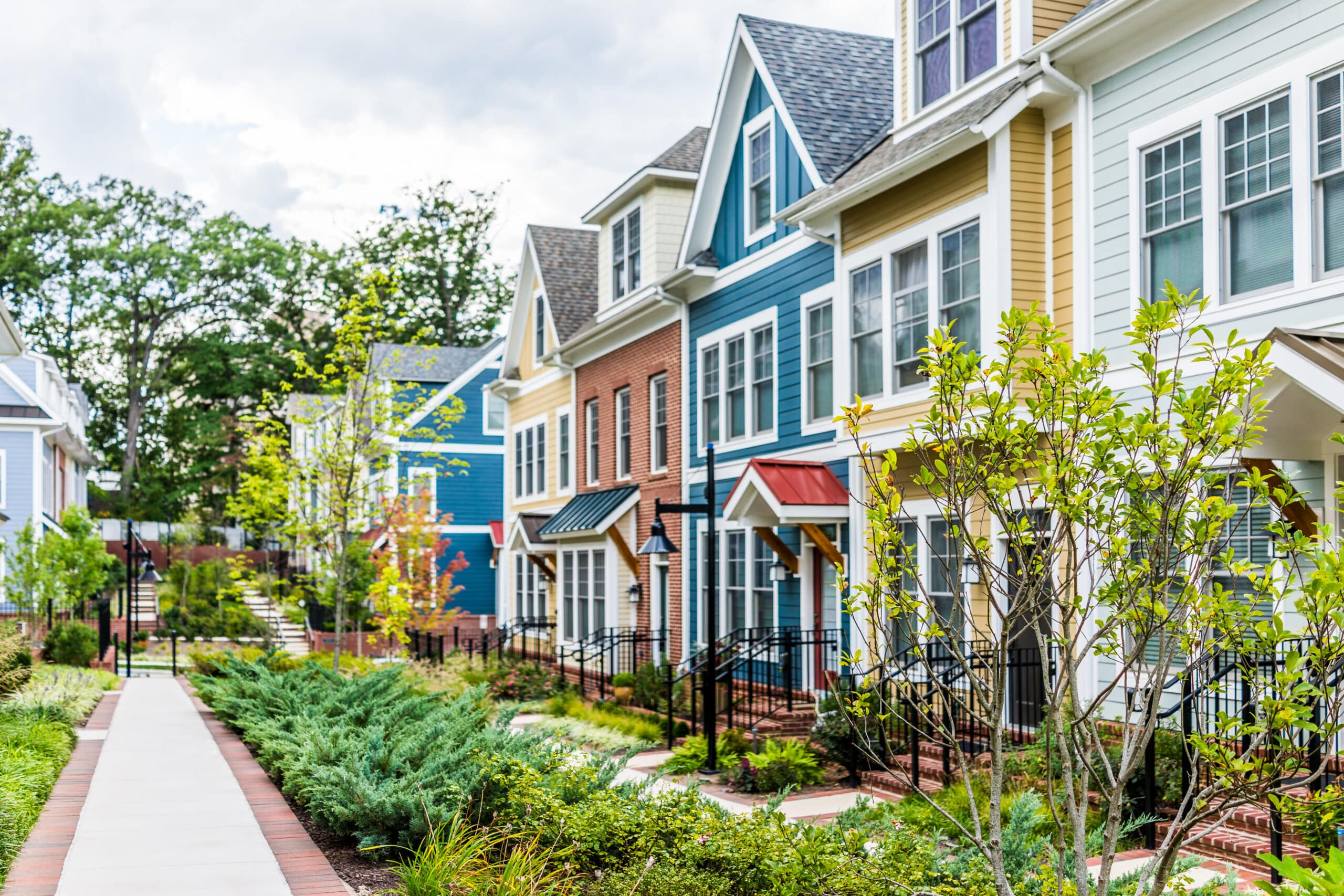 A row of brightly colored houses.