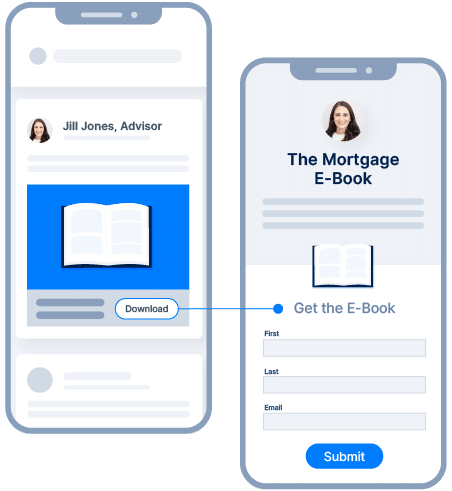 An illustration of a user phone clicking to download an ebook with an arrow the landing page and form