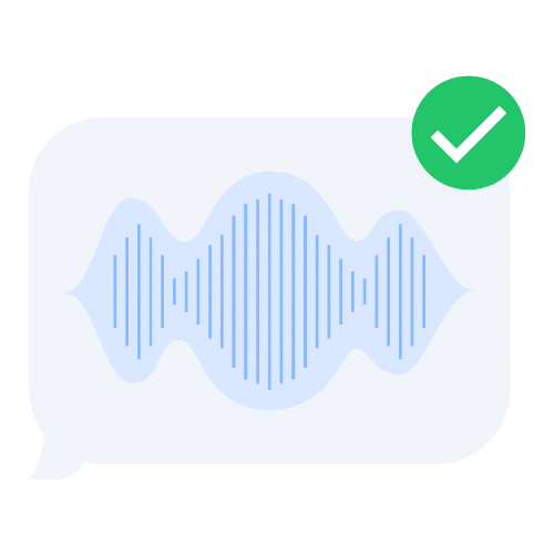 Illustration of chat bubble with sound waves inside, and green check mark suggesting the speech has been recognized