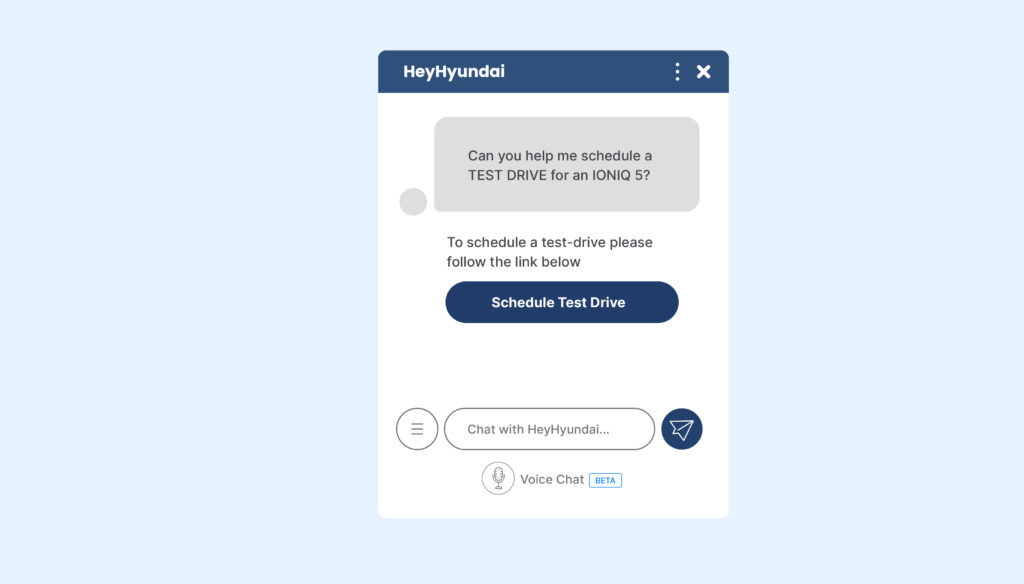 A screenshot of a chat conversation with Hyundai's AI agent for scheduling test drives.