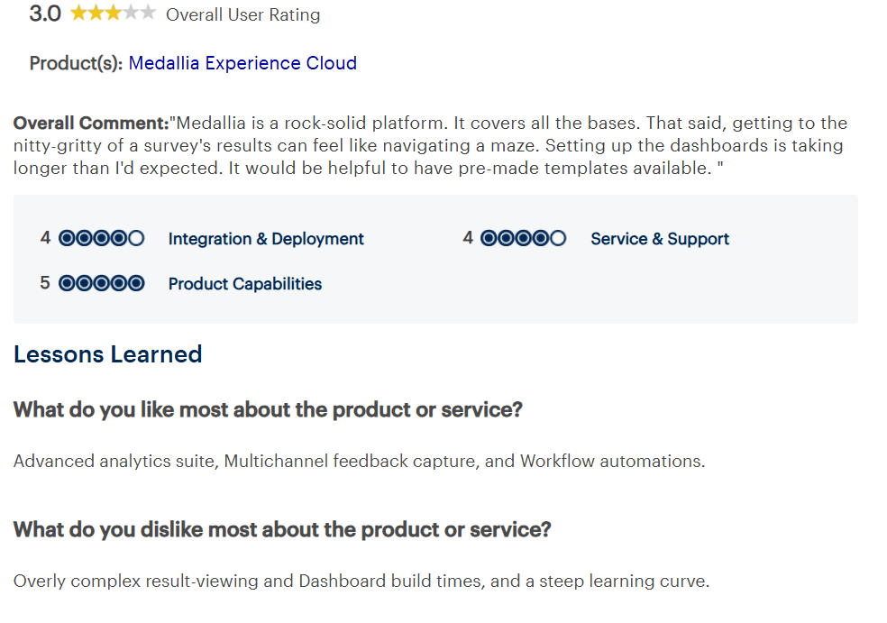 User reviews on Medallia's steep learning curve