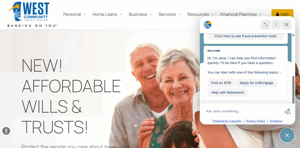West Community Credit Union AI-powered web chatbot