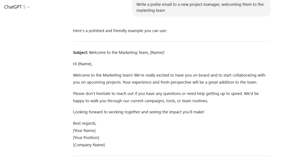 Email generated by generative AI
