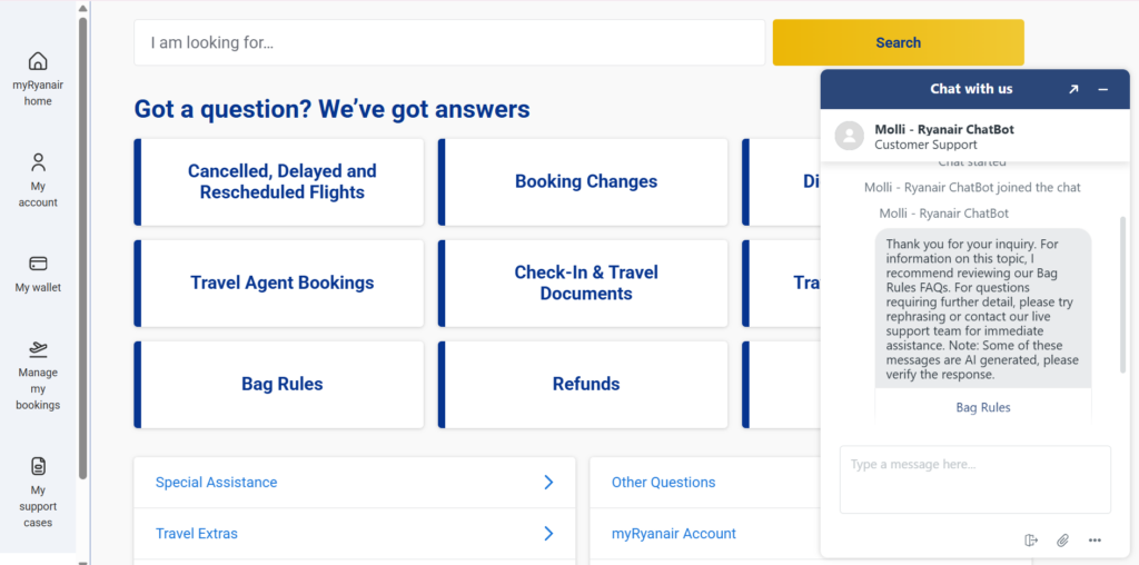 ryanair web chatbot support